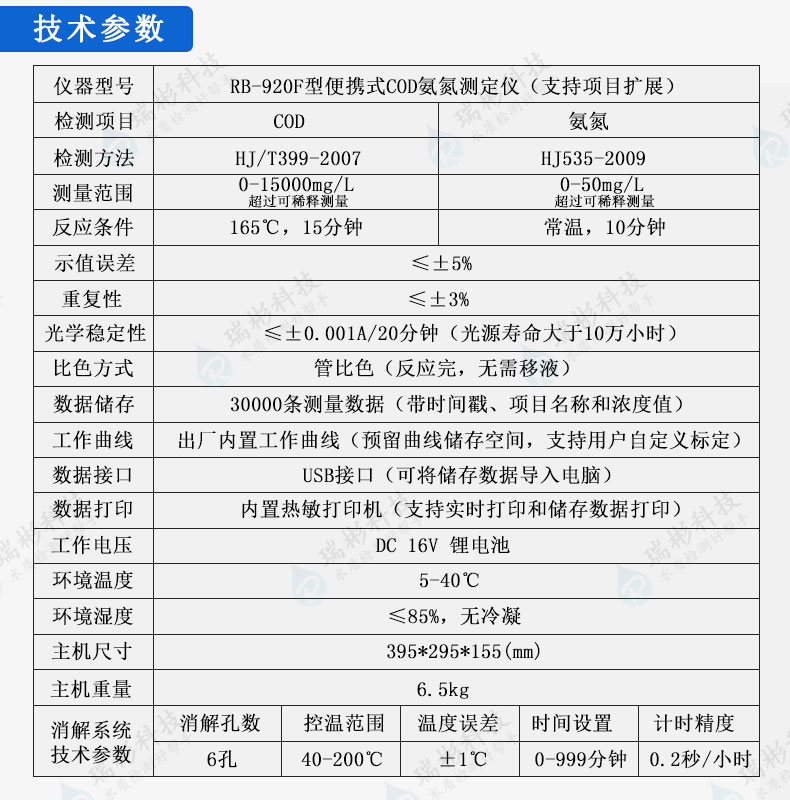 便攜式COD氨氮檢測儀技術(shù)參數(shù)