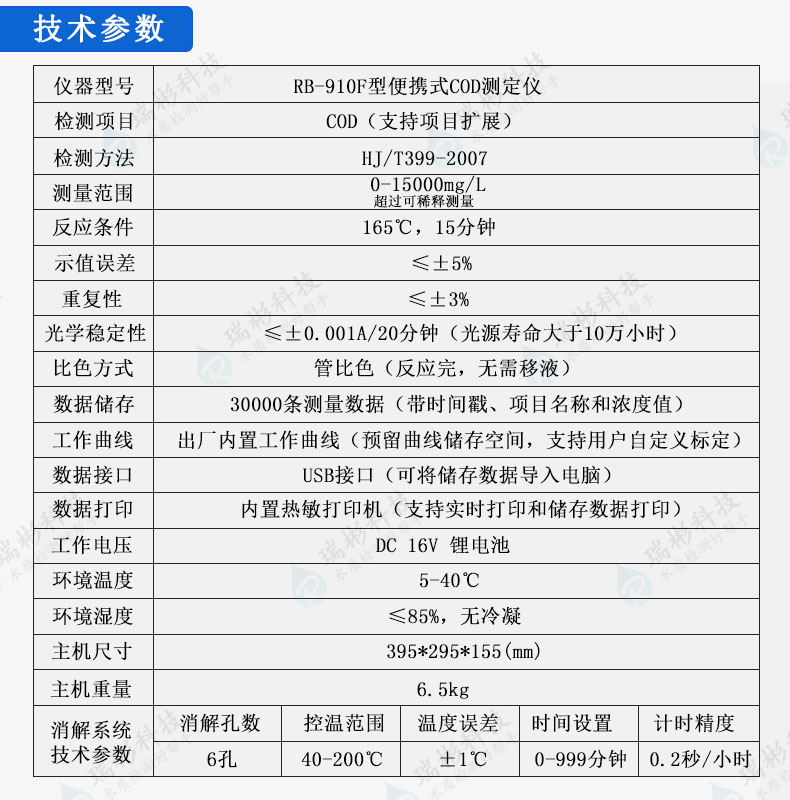 便攜式COD測(cè)定儀COD快速檢測(cè)儀器RB-910F型技術(shù)參數(shù)